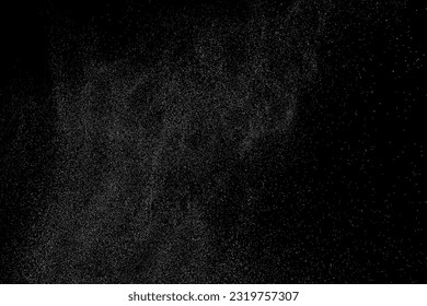 Distressed white grainy texture. Dust overlay textured. Grain noise particles. Snow effects pack. Rusted black background. Vector illustration, EPS 10.  