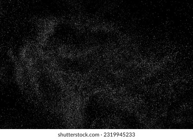 Textura de grano blanco angustiada. El polvo sobrante texturado. Partículas de ruido de grano. Envase con efectos de nieve. Fondo negro rayado. Ilustración del vector, EPS 10.  