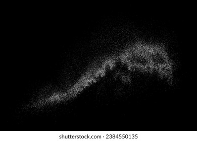 Textura de grano blanco angustiada. El polvo sobrante texturado. Partículas de ruido de grano. Envase con efectos de nieve. Fondo negro rayado. Ilustración del vector, EPS 10.  