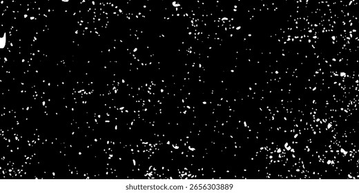 Textura granulada blanca afligida. Superposición de polvo texturizado. Partículas de ruido de grano. Pack de efectos de nieve. Fondo negro oxidado.