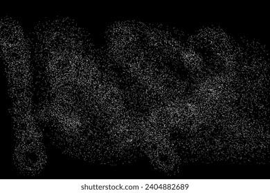 Distressed white grainy texture. Rusted black background. Falling dust particles on dark. Snow effect.