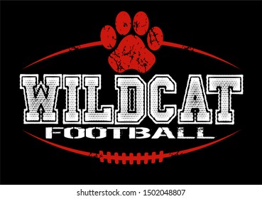 Distressed Wildcat Football Team Design With Paw Print And Laces For School, College Or League