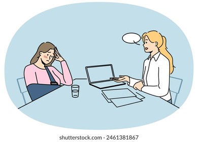 Distressed woman in bandage sit at desk in social security center ask for compensation. Unhappy injured female request money claim in insurance agency. Vector illustration.