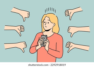 Distressed woman with cellphone displeased with negative feedbacks. Unhappy female influencer unhappy with bad comments on posts on social media. Vector illustration. 