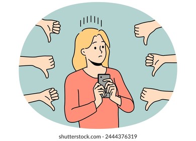 Distressed woman with cellphone displeased with negative feedbacks. Unhappy female influencer unhappy with bad comments on posts on social media. Vector illustration.