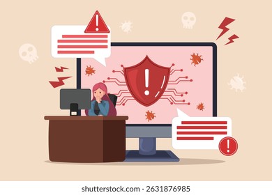 Distressed Woman Experiencing a Serious Malware Attack on Her Computer System with Critical Warning Signs.