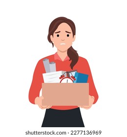 Distressed woman in glasses hold box with personal belongings fired from office. Unhappy female employee dismissed from company. Firing and dismissal. Flat vector illustration 