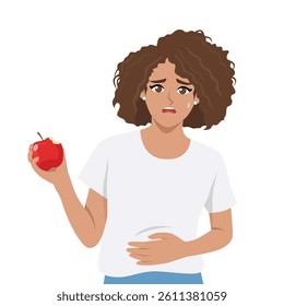 Distressed woman holds a bitten apple clutching her stomach, discomfort or food poisoning. Flat Vector character illustration
