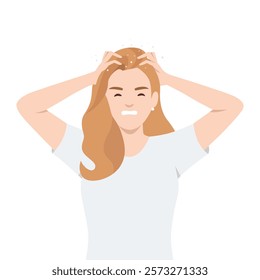 Distressed woman with long hair scratching her head, with visible dandruff flakes, itchy. Flat vector illustration isolated on white background