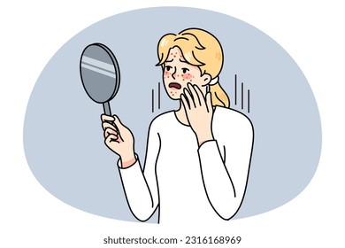 Distressed woman look in mirror worry about acne problems. Unhappy girl stress about pimples, having skincare troubles. Skin healthcare and dermatology. Vector illustration.