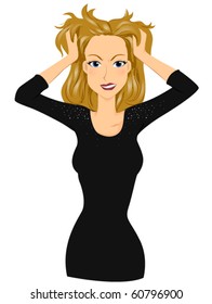 A Distressed Woman Scratching Her Scalp While Flakes of Dandruff Fall on Her Shoulder - Vector