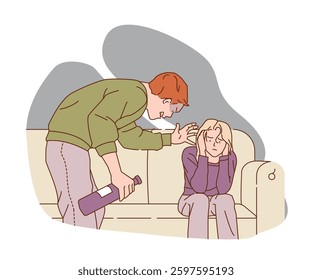 A distressed woman sits on a couch covering her ears while an angry man, holding a bottle, yells at her. The scene portrays domestic conflict. Flat vector illustration