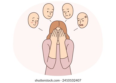 Distressed woman suffer from mood swings having personality disorder. Unhappy girl struggle with different moods. Depression and mental problems. Vector illustration.