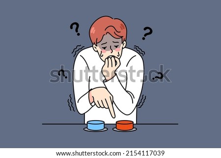 Distressed young man choose button to press feel confused and anxious. Stressed guy make choice between two options. Dilemma and alternative. Decision-making. Vector illustration. 