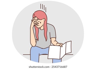 Joven angustiada llora leyendo malas noticias en la carta. Mujer infeliz deprimida con mensaje negativo o aviso de despido. Ilustración vectorial.