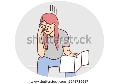 Distressed young woman cry reading bad news in letter. Unhappy female depressed with negative message or dismissal notice. Vector illustration.