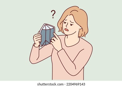 Distressed Young Woman With Empty Wallet Suffer From Bankruptcy. Unhappy Poor Girl Struggle With Poverty And Money Lack. Vector Illustration. 