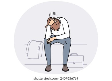 Distressed young woman feel low and depressed at work. Unhappy female employee suffer from burnout or depression at workplace. Vector illustration.