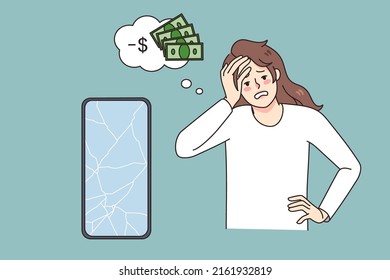 Distressed young woman frustrated with broken smartphone and extra expenses on repair service. Unhappy girl stressed with cellphone screen crash and fixing price. Vector illustration. 