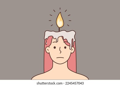Distressed young woman and head burning as candle  Unhappy female and candlelight instead brain  Vector illustration  