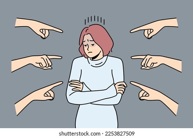 Distressed young woman stand surrounded by numerous fingers pointing. Unhappy female feel bullying and harassment in society. Vector illustration. 