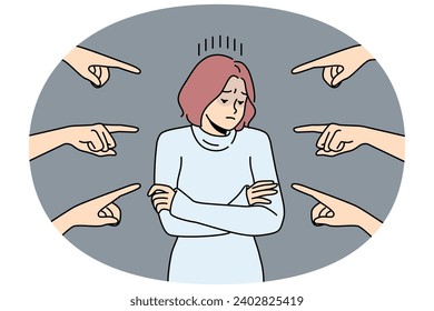 Distressed young woman stand surrounded by numerous fingers pointing. Unhappy female feel bullying and harassment in society. Vector illustration.