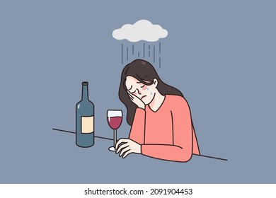 Las mujeres jóvenes angustiadas sufren de depresión y beben vino con problemas de alcohol. La infeliz y triste adicta al alcohol que llora la lucha con el trastorno mental necesita ayuda. Ilustración vectorial plana. 