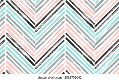 Distressed zig zag interior print vector seamless pattern. Paint brush stroke geometric stripes. Hand drawn paint texture zig zag chevron ornament. Horizontal stripes fabric print seamless design.