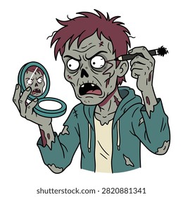 Distressed zombie character putting on makeup, holding a small mirror to enhance ghastly look.