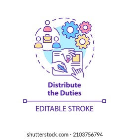 Distribute duties concept icon. Way to improve productive teamwork abstract idea thin line illustration. Isolated outline drawing. Editable stroke. Roboto-Medium, Myriad Pro-Bold fonts used