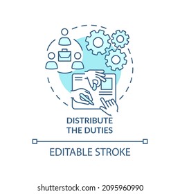 Distribute duties turquoise concept icon. Improving productive teamwork abstract idea thin line illustration. Isolated outline drawing. Editable stroke. Roboto-Medium, Myriad Pro-Bold fonts used