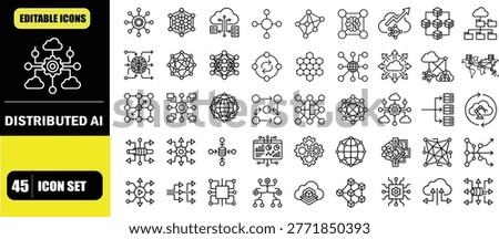 Distributed AI Network System Icon Set – Enterprise Infrastructure, Cloud Computing Architecture, Intelligent Node Networks, Scalable AI Systems, Data Flow and Connectivity Line Icons – Thin Line Editable Stroke Vector Illustration for UI UX, Web, App and Enterprise Dashboard Design