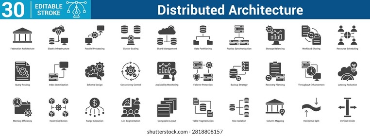 Distributed Architecture icon set Technology with icon of Federation Architecture, Elastic Infrastructure, Parallel Processing, Cluster Scaling, Shard Management, Data Partitioning, Replica.