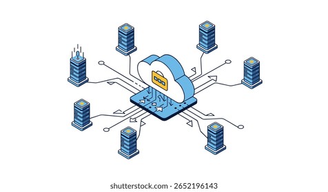 Arquitetura de computação em nuvem distribuída com armazenamento de dados centralizado conectado a vários servidores e elementos de infraestrutura de rede