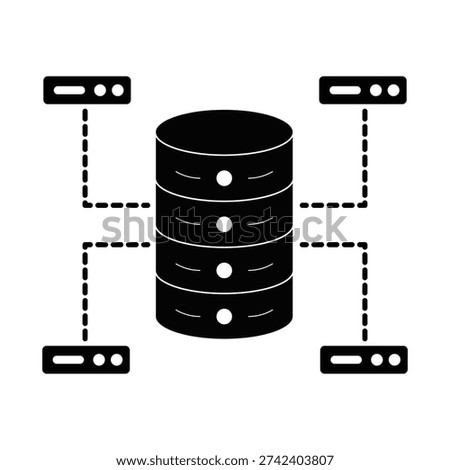 Distributed Database Network Architecture with Central Server and Multi Node Connectivity Solid Black Icon Vector Illustration.
