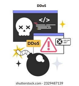 Verteilte Diensteverweigerung. Cyber-Angriff, der den Benutzern die Rechner- oder Netzwerkressourcen nicht zur Verfügung stellt. Bedrohung der Cybersicherheit. Flache Vektorgrafik