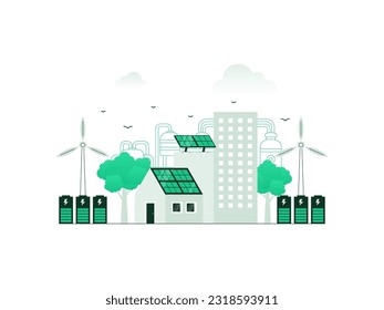 Distributed energy generation concept. Sustainable power from solar panels and wind turbines, stored in central battery for electricity distribution. Vector illustration with minimalist color.