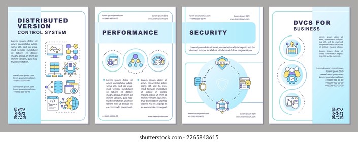 Distributed version control system blue gradient brochure template. Leaflet design with linear icons. 4 vector layouts for presentation, annual reports. Arial-Bold, Myriad Pro-Regular fonts used
