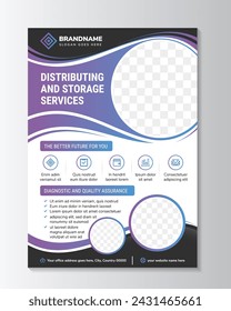 distribución y almacenamiento servicios flyer diseño plantilla idea ejemplo. Diseño de folleto de servicio de TI virtual. Concepto de plantilla de banner de desarrollo empresarial con espacio fotográfico. elemento púrpura y negro.
