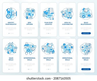 Distribution business startup tips onboarding mobile app page screen set. Strategy walkthrough 5 steps graphic instructions with concepts. UI, UX, GUI vector template with linear color illustrations