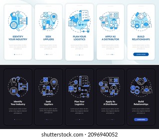 Distribution business steps onboarding mobile app page screen. Startup walkthrough 5 steps graphic instructions with concepts. UI, UX, GUI vector template with linear night and day mode illustrations