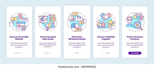 Distribution business tips onboarding mobile app page screen. Wholesale trade walkthrough 5 steps graphic instructions with concepts. UI, UX, GUI vector template with linear color illustrations