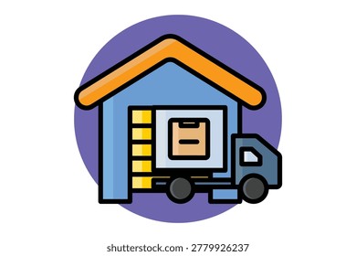 Distribution center icon. A blue distribution center building with an orange roof and a delivery truck parked in front,  colored outline icon style