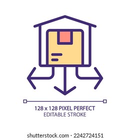 Distribution center pixel perfect RGB color icon. Warehouse with products. Orders management. Storehouse. Isolated vector illustration. Simple filled line drawing. Editable stroke. Arial font used