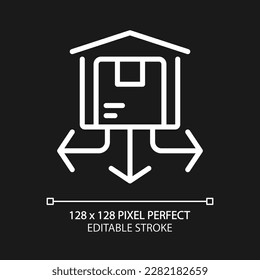Distribution center pixel perfect white linear icon for dark theme. Warehouse with products. Storehouse. Thin line illustration. Isolated symbol for night mode. Editable stroke. Arial font used