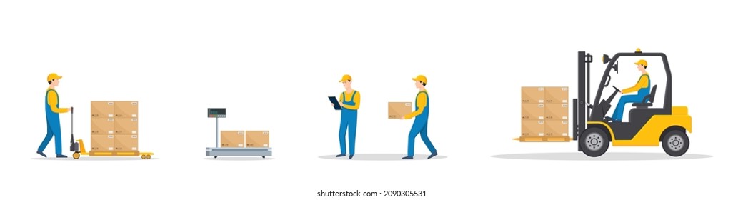 Distribution Center With Warehouse And Workers. Fulfilment Of Wholesale Order For Delivery. Man With Forklift, Box, Scale And Cart. Service Of Logistic Center. Vector.