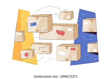 Distribution Chain, Organization Process Of Cargo Flow Vector Illustration. Management Work With Logistics Flat Style. Shipment Concept