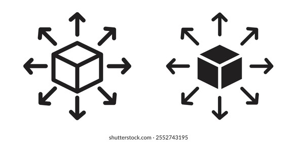 Conjunto de iconos de Vector de canal de distribución con estilo relleno y delineado en negro.