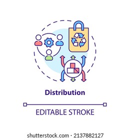 Distribution Concept Icon. Step To Circular Economy Abstract Idea Thin Line Illustration. Eco-friendly Items Delivery. Isolated Outline Drawing. Editable Stroke. Arial, Myriad Pro-Bold Fonts Used