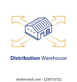 Distribution Concept, Warehouse Services, Wholesale Building, Supply Center, Isometric View, Vector Line Icon, Linear Illustration